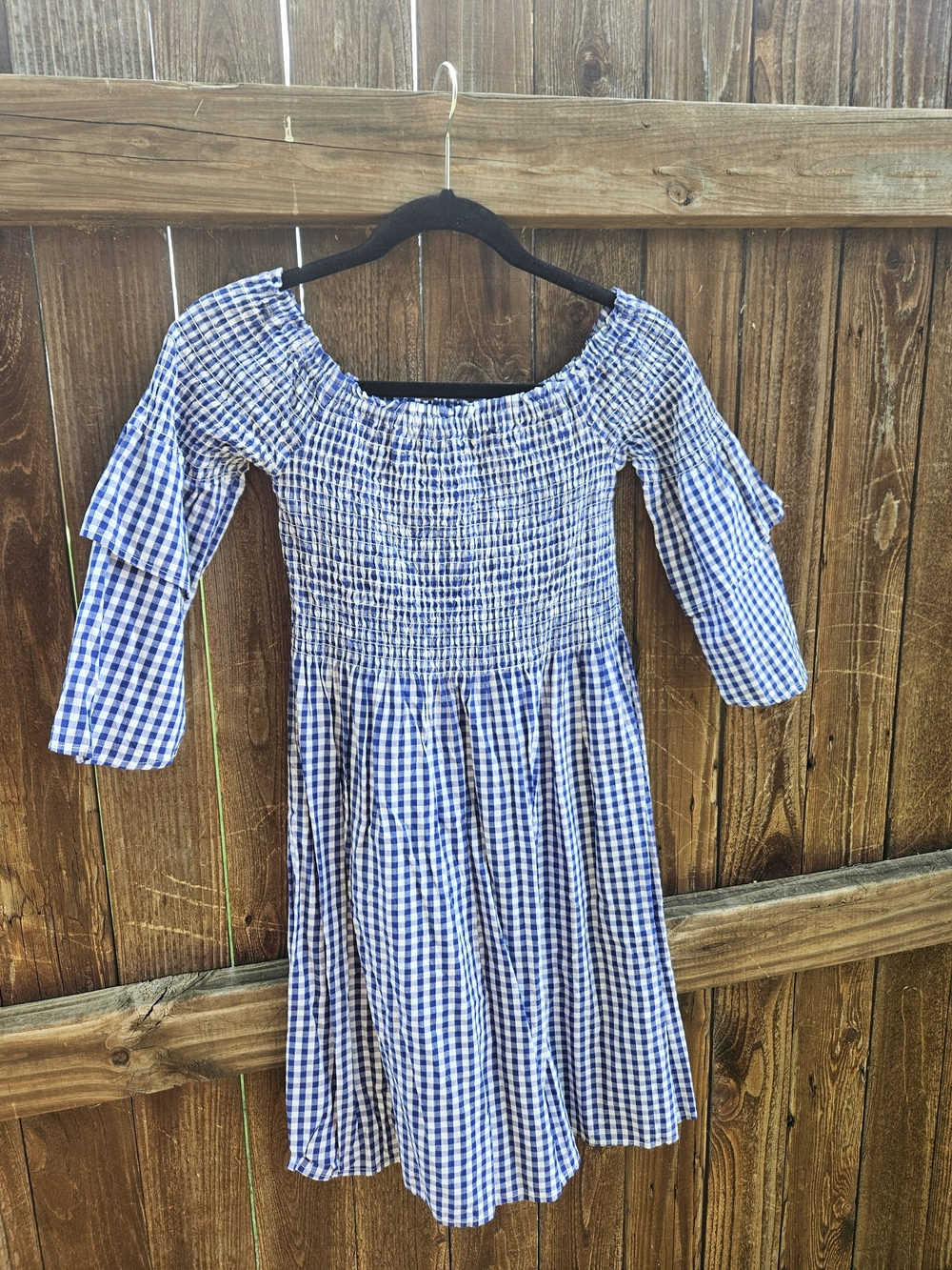 Blue Gingham Off-Shoulder Dress